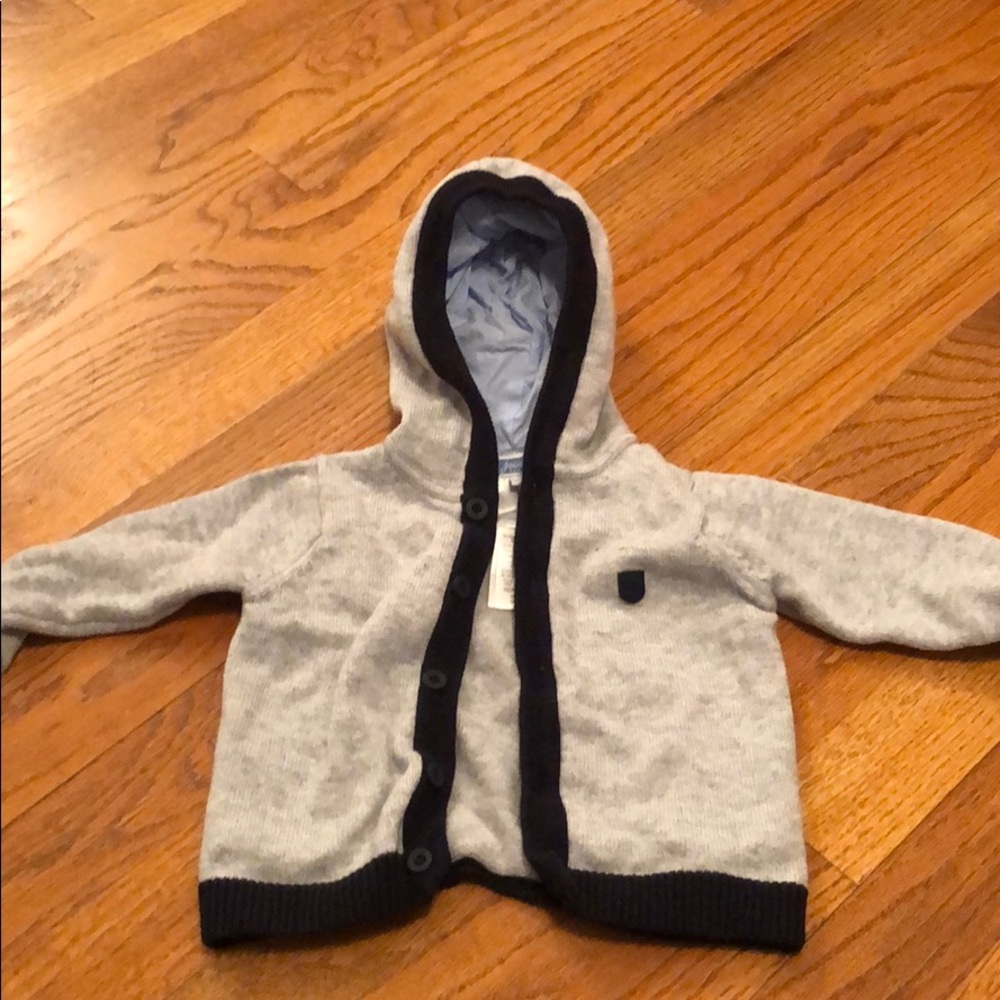 Jacadi grey navy blue hooded sweater sz 3-6 months